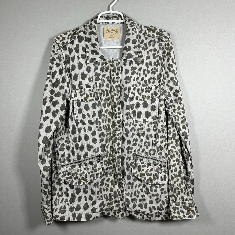 Velvet Lily Aldridge Large Utility Jacket Gray Leopard Print Long Sleeve Cotton